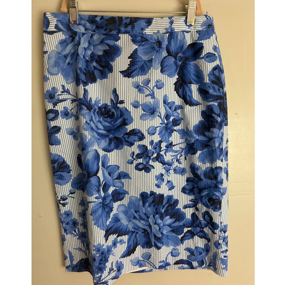 Ann Taylor Pencil Skirt Women 4 Blue Floral Striped Cotton Blend Knee Length